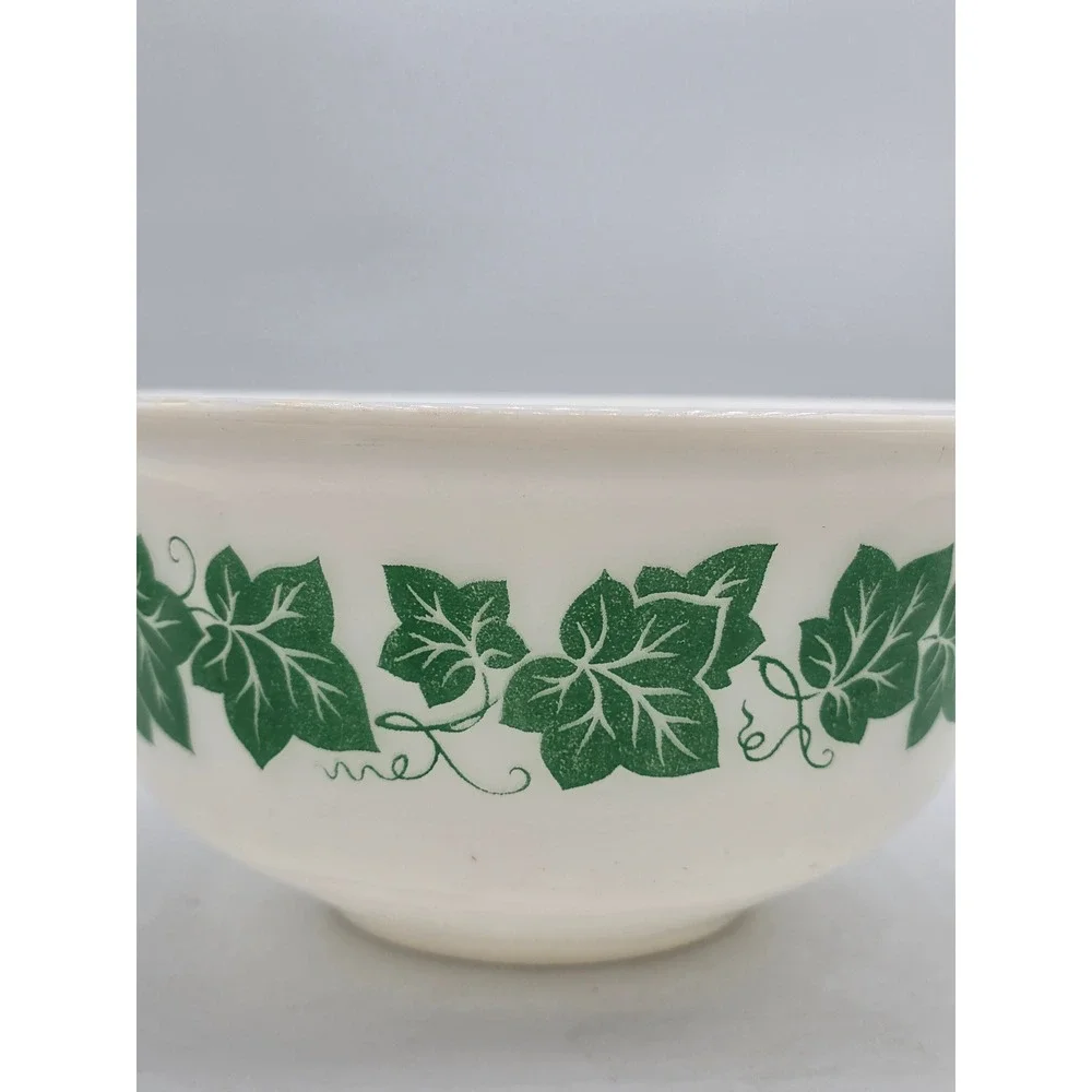 Vintage Hazel Atlas Milk Glass Ivy Leaf Mixing Bowl Green White 8 Inch MCM
